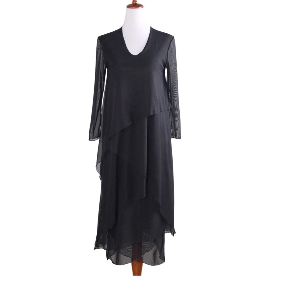 Cynthia Ashby Mesh Layered Asymmetrical Black Midi Dress Lagenlook Sheer Large